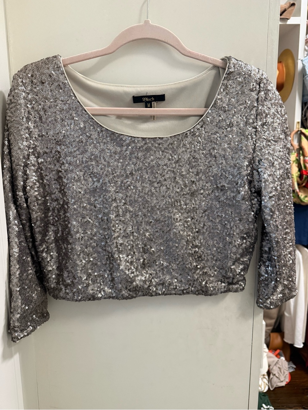 Black Label Silver Sequin Cropped Scoop Neck Top